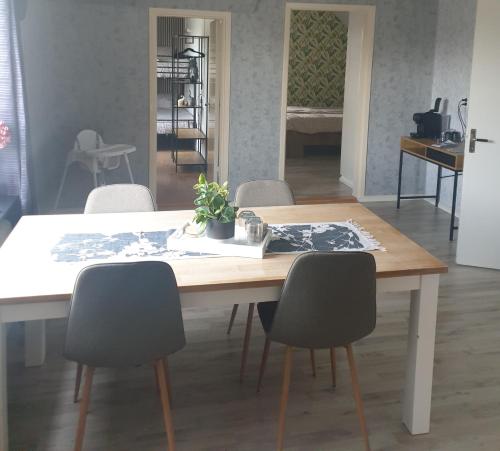 a dining room table with chairs and a plant on it at Bed & Breakfast de Jager in Strömsbruk