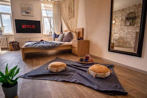 Ένα ή περισσότερα κρεβάτια σε δωμάτιο στο Bašty Apartments