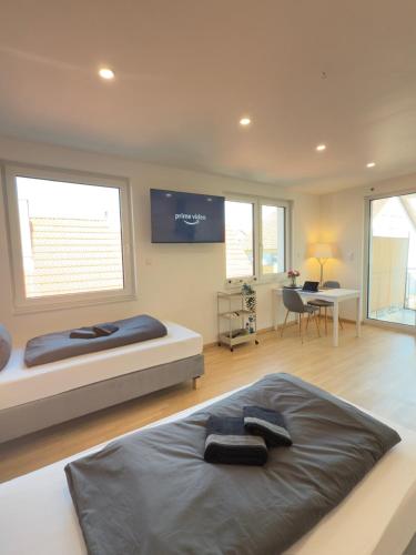 a bedroom with two beds and a flat screen tv at Balkonliebe Karlsruhe - Waschmaschine, Stellplatz, Balkon, Regendusche in Karlsruhe