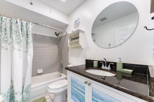 a bathroom with a sink and a toilet and a mirror at 3BR Wesley Chapel Retreat with Private Pool - Pet-Friendly - Spacious Parking in Zephyrhills
