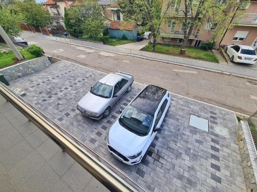 two cars parked next to each other on a street at Vila Aleksandra 2 Apartman 6 in Soko Banja