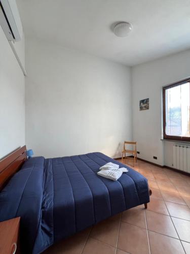 una camera da letto con un letto blu e una sedia di Lucky House a Borghetto di Vara