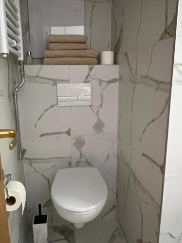 a bathroom with a toilet and a stone wall at Wellness Apartmán Monika - Tatranská Štrba in Štrba