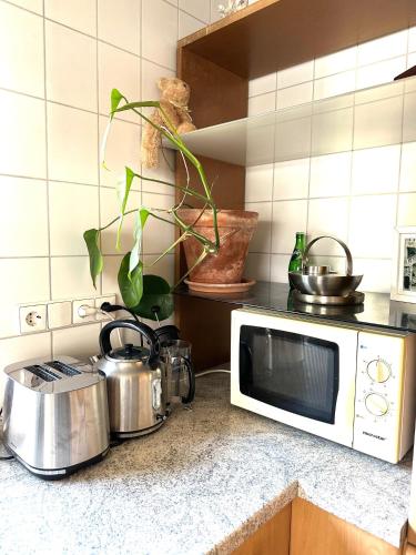 a kitchen counter with a microwave and pots and pans at RIO INN in Großbottwar