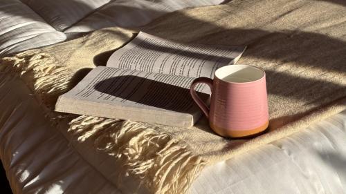 a book and a coffee mug on a bed at Kaushalya Homes in Shimla
