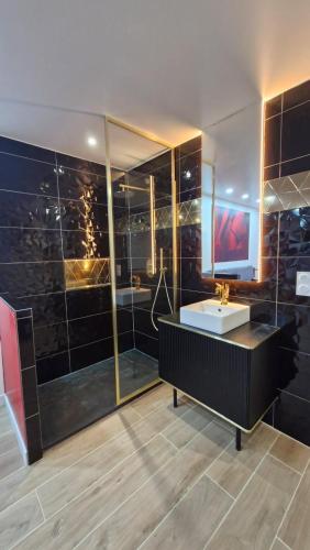 une salle de bain avec un lavabo et une douche dans l'établissement Cap sur le Paradis, au Cap d'Agde