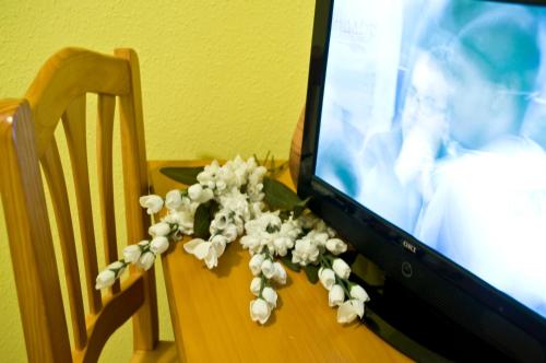 a table with a television and a bunch of flowers at Pensión Aries II in Cuenca