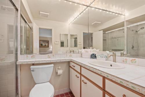 a bathroom with a toilet and a sink and a mirror at Ocean Infinity - DMBC727B in Solana Beach