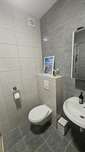 a bathroom with a toilet and a sink at Emari - Hochwertige 2-Zimmer-Wohnung mit Panorama Bergblick in SJJ