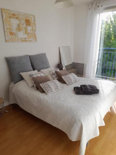 a bedroom with a bed with pillows and a window at Perigueux T2 proche du quartier historique in Périgueux