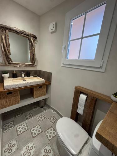 une salle de bain avec toilettes, lavabo et miroir dans l'établissement O Bastidon du Ventoux, à Bédoin