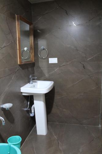 a bathroom with a sink and a mirror at Flugafen B&B- A Peaceful home in Apple Orchards in Manāli