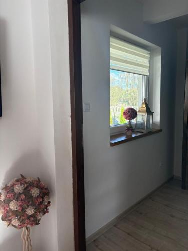 a hallway with a mirror and a window with flowers at Urocze Roztocze Jacnia - domek 1 in Jacnia
