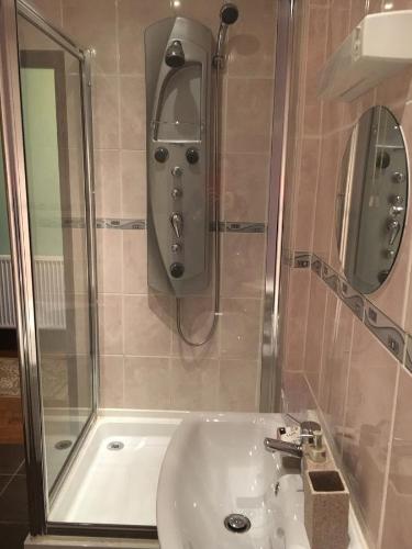 Millbrook的住宿－Manor Lodge Guesthouse，带淋浴、盥洗盆和镜子的浴室