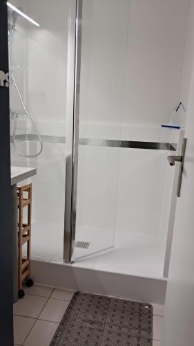 une douche avec une porte vitrée dans une salle de bain dans l'établissement Pyrénées Catalanes Très joli appartement 300m télécabines, à Font-Romeu-Odeillo-Via