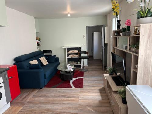 un salon avec un canapé bleu et une table dans l'établissement Jolie appartement F2 centre ville Bourges, à Bourges