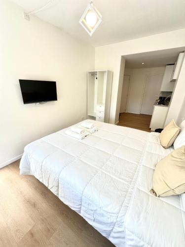 a large white bed in a room with a tv at Torrar Suites in Buenos Aires
