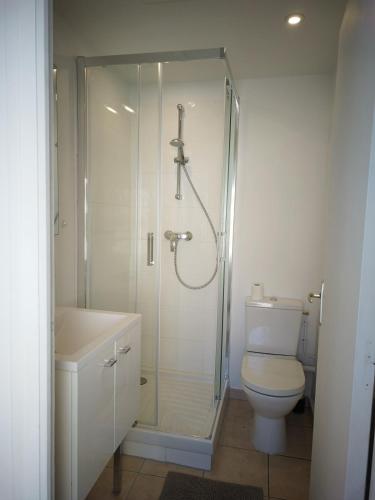 une salle de bain avec une douche, des toilettes et un lavabo dans l'établissement Petite maison bord de mer, à Langrune-sur-Mer