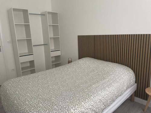 a bedroom with a bed and some shelves at Gîte proche Cattenom, Luxembourg in Algrange