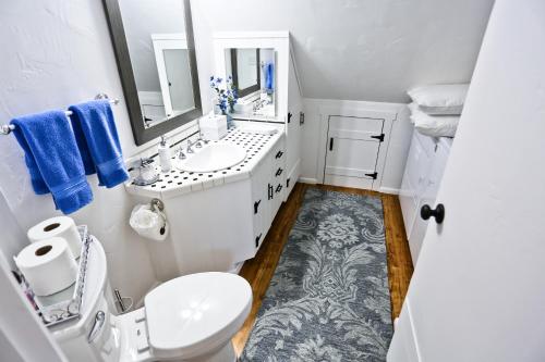 a bathroom with a toilet and a sink and a mirror at ONX WINES - Briarwood Apartment in Templeton