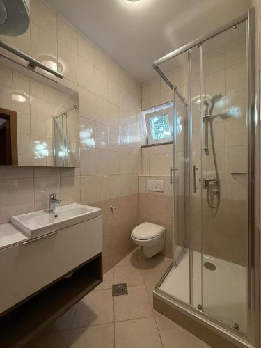 un bagno con doccia, lavandino e WC di Apartmani Samec a Novalja (Novaglia)