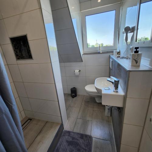 a bathroom with a sink and a toilet at SR Ferienwohnung Wagenfeld in Wagenfeld