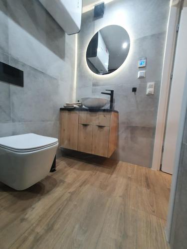 a bathroom with a sink and a toilet and a mirror at Apartament Sielpia DeLuxe 2 in Sielpia Wielka