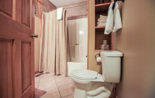 a bathroom with a white toilet and a shower at Hawks Peak - by The Chalets in Logan
