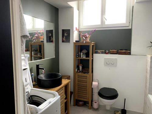 une salle de bain avec un lavabo, des toilettes et un miroir dans l'établissement 3-R bright, beach within 15 min walk, à Nice