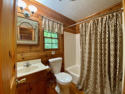 a bathroom with a toilet and a sink and a shower at Pioneer - by The Chalets in South Bloomingville