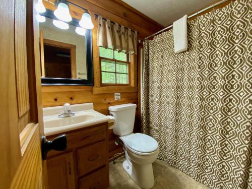 a bathroom with a toilet and a sink and a mirror at Timber Ridge - by The Chalets in South Bloomingville