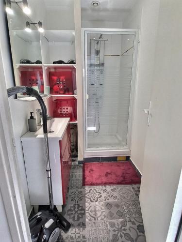 une salle de bain avec douche et un tapis rouge dans l'établissement Scandi'Nest 2 Rooms & Terrace, à Corbeil-Essonnes