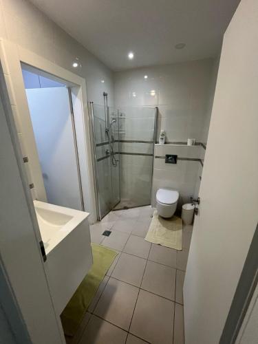 a bathroom with a shower and a toilet and a sink at רויאל פארק פרימיום in Eilat