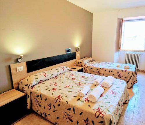 a hotel room with two beds and a window at Restaurante y Hostal San Paio in Santiago de Compostela
