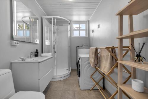 un bagno con lavandino e lavatrice di Stylish City Apartment With Mountain View a Tromsø