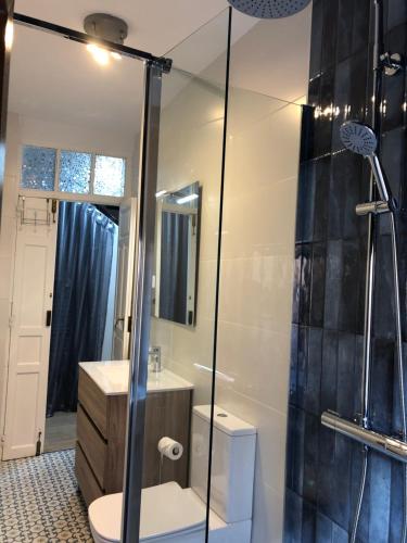 a bathroom with a shower and a toilet and a sink at Casa Belia in Mansilla de las Mulas