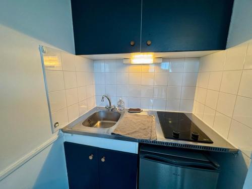 une cuisine avec des armoires bleues et un évier dans l'établissement Appartement Cosy dans le Centre, à La Roche-sur-Yon