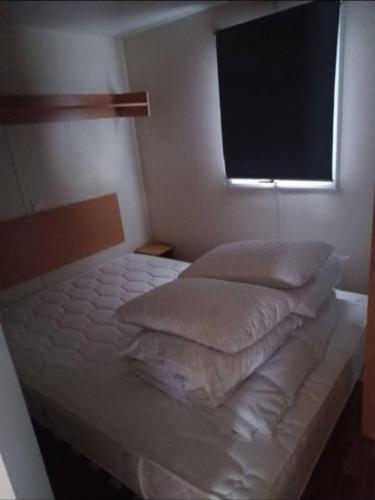 a bed with pillows and a window in a bedroom at Mobil home avec terrasse couverte Les Phoques in Berck-sur-Mer