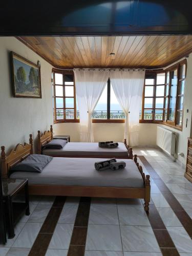 two beds in a room with two windows at Anna's House in Alexandroupoli