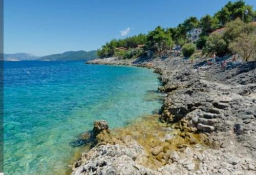 a rocky shore with the blue water and trees at Milton holiday house in Blato