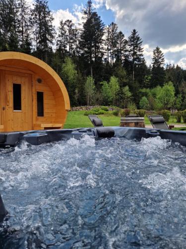 une grande piscine dans une cour arrière avec un sauna dans l'établissement Chalet cosy & confort Spa,Sauna,Pétanque,VE - Top situation à Gérardmer, à Gérardmer
