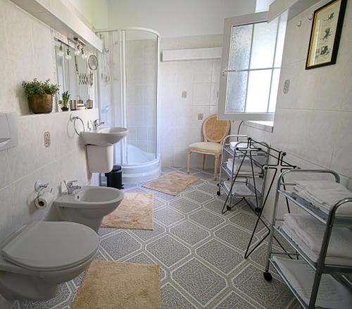 a bathroom with a toilet and a sink and a shower at Villa Patriot Apartmány in Mariánské Lázně