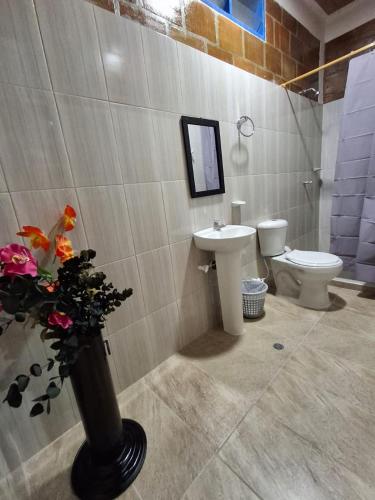 a bathroom with a toilet and a sink at Villa Milena in Santa Helena