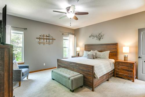 a bedroom with a bed and a ceiling fan at Game Room and Hot Tub Spacious Retreat in Hollister in Hollister