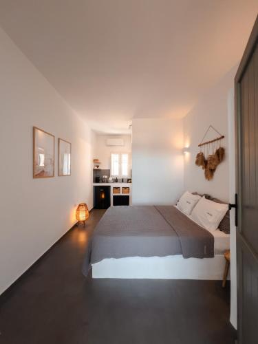 a bedroom with a large bed in a white room at Living Blue Tinos in Kardiani
