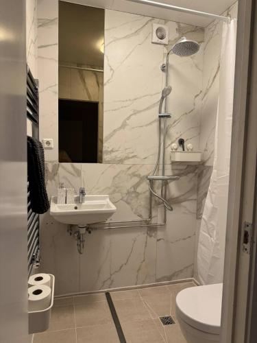 a bathroom with a sink and a shower and a toilet at The Rock Village Nook in Reykjavík