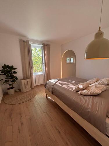une chambre avec un lit et une plante en pot dans l'établissement Maison à avec jardin privatif dans domaine des Crozes, à Vienne