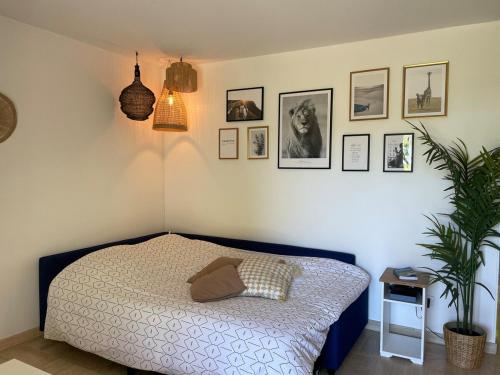 une chambre avec un lit et des tableaux au mur dans l'établissement Appartement - Chez Laura, à Villeneuve-Loubet
