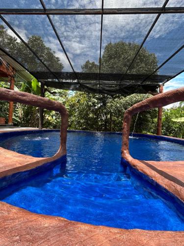a swimming pool with blue water and a swing at Finca las palmas in Puerto Triunfo