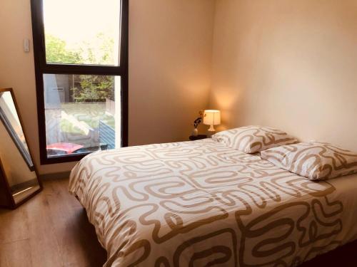 a bedroom with a large bed with a window at Maison moderne 3 chambres SPA-jacuzzi juin-septembre in Cerelles